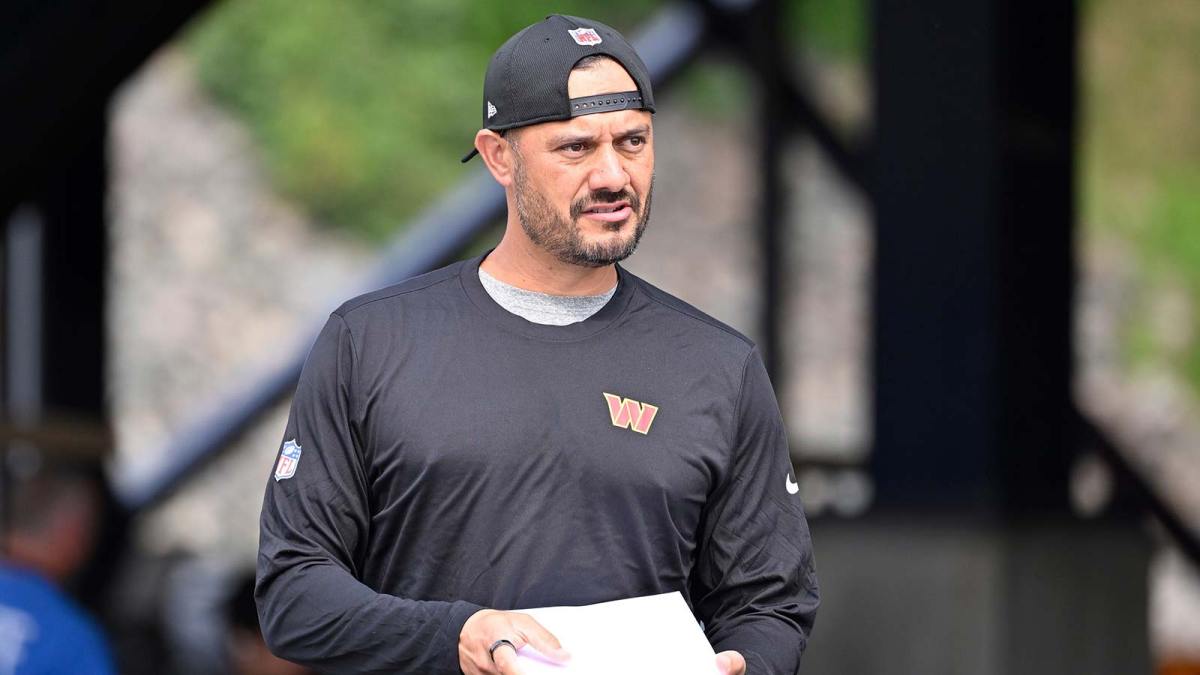 Washington Commanders quarterbacks coach Tavita Pritchard arrives at training camp at Gillette Stadium.