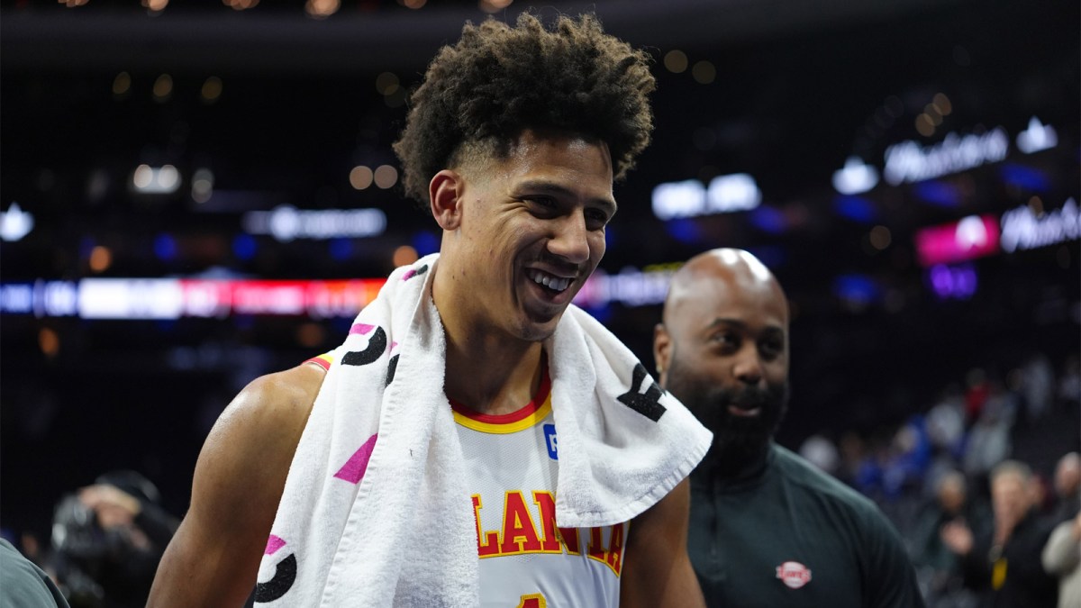 Atlanta Hawks forward Jalen Johnson (1) reacts after the game against the Philadelphia 76ers at Xfinity Mobile Arena.