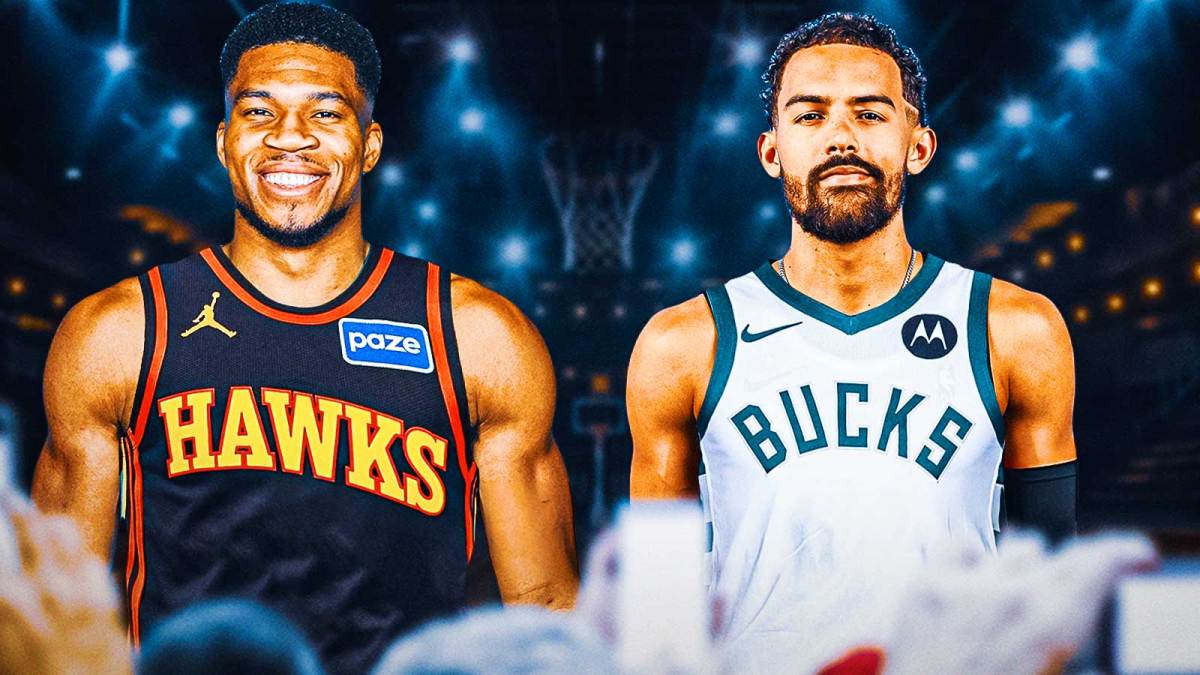 Giannis Antetokounmpo in Hawks uniform, Trae Young in Bucks uniform