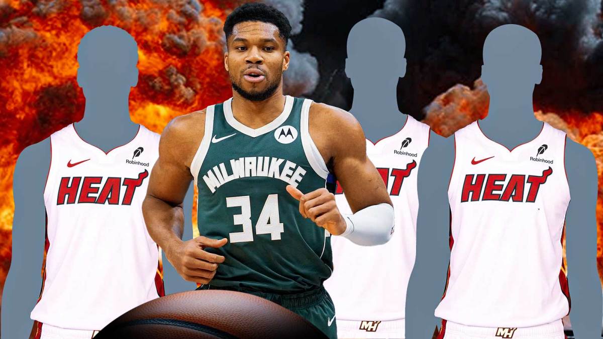 Giannis Antetokounmpo in the middle, Three mystery players in Heat jerseys all around him, Explosions in the background