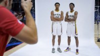 New Orleans Pelicans guard/forward Trey Murphy III (25) and New Orleans Pelicans guard/forward Herb Jones (2) take part in Pelicans Media Day at the Smoothie King Center.