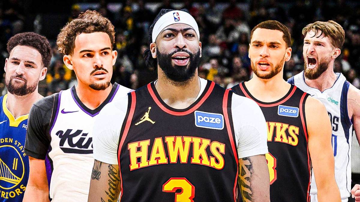 Anthony Davis and Zach LaVine in Hawks jerseys, Trae Young in Kings jersey, Klay Thompson Warriors and Domantas Sabonis in Mavs jersey