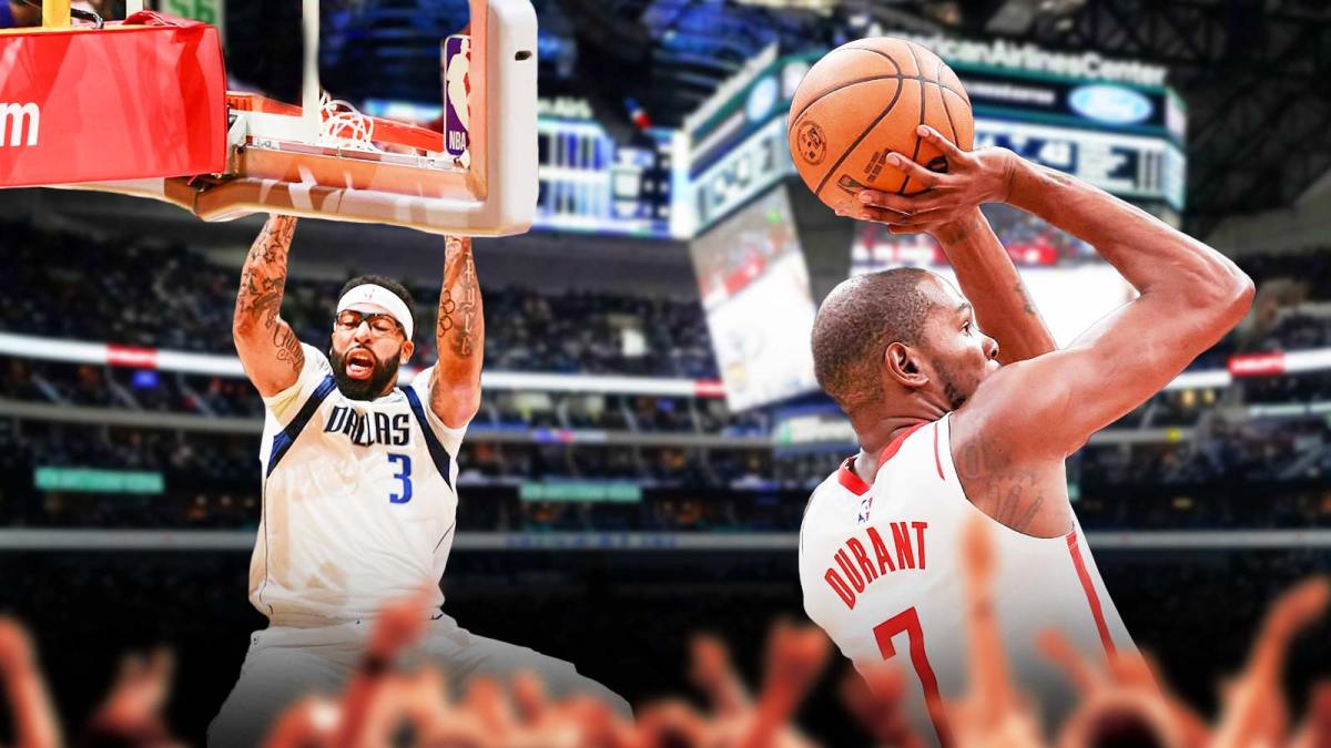 Mavericks Anthony Davis dunking the ball on left, Rockets Kevin Durant shooting the basketball on right. American Airlines Center background.