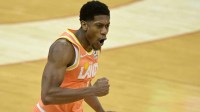 Cleveland Cavaliers forward De'Andre Hunter (12) celebrates his three-point basket in the fourth quarter against the Charlotte Hornets at Rocket Arena.