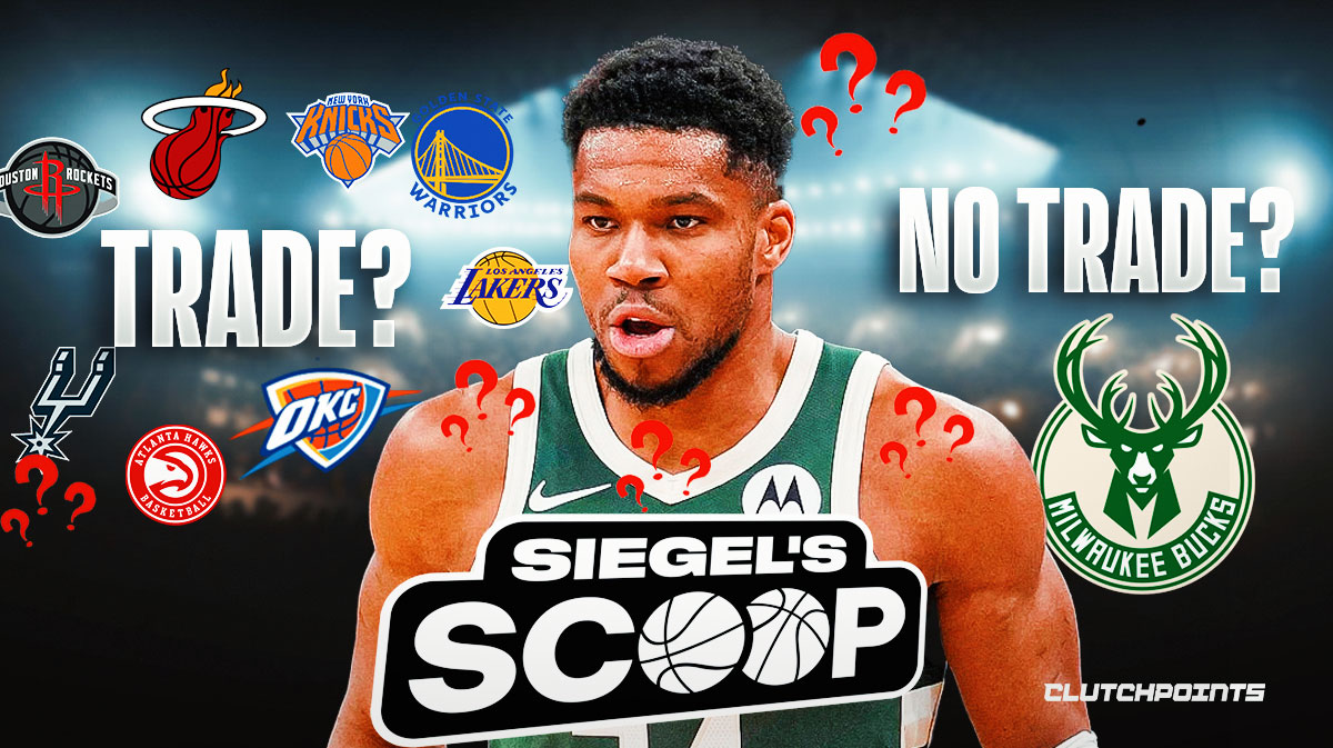 Giannis Antetokounmpo with "TRADE?" and "NO TRADE" Siegel's Scoop