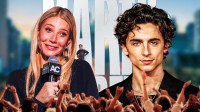 Actress Gwyneth Paltrow with actor Timothée Chalamet and Marty Supreme movie logo.