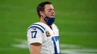 Indianapolis Colts quarterback Philip Rivers (17) watches from the sidelines in the fourth quarter against the Las Vegas Raiders at Allegiant Stadium.