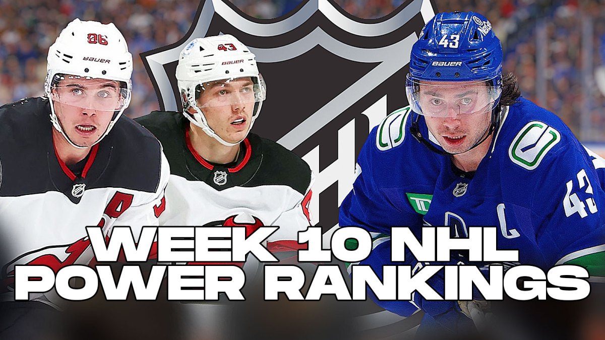 Jack Hughes and Luke Hughes on one side, Quinn Hughes on other side, NHL logo in middle, hockey rink in background, Text: Week 10 NHL Power Rankings