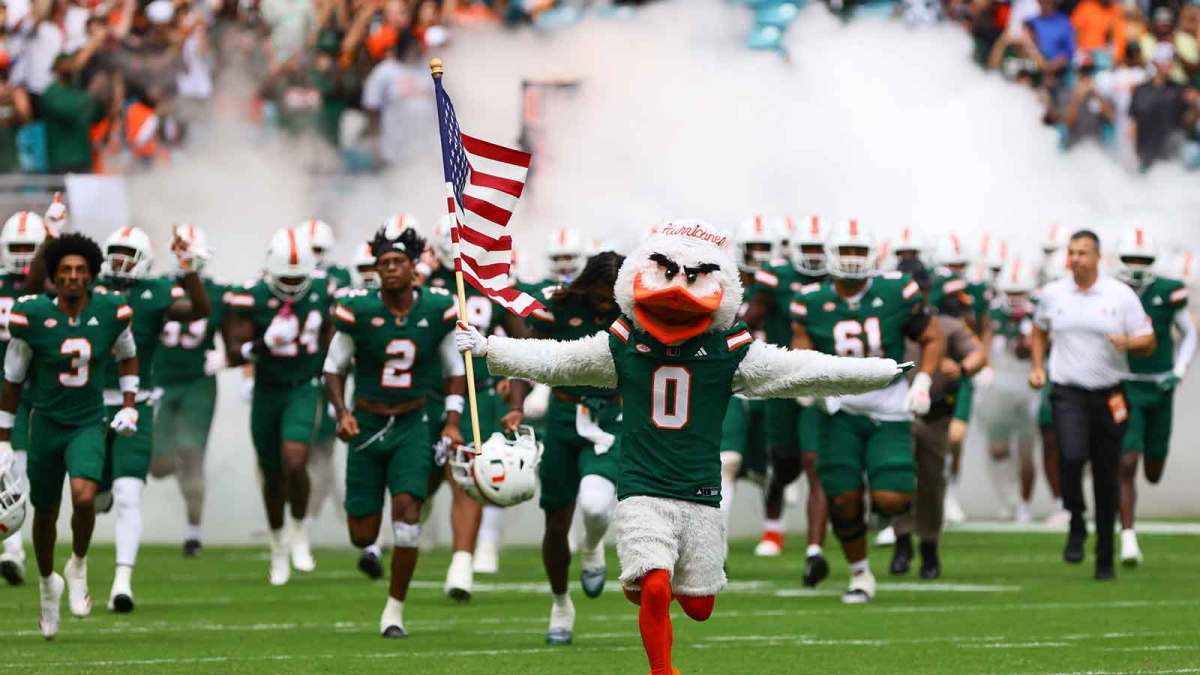 Miami Hurricanes mascot Sebastian the Ibis leads the team onto the field before the game against the Duke Blue Devils at Hard Rock Stadium.