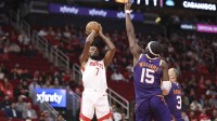 Houston Rockets forward Kevin Durant (7) shoots the ball as Phoenix Suns center Mark Williams (15) defends during the first quarter at Toyota Center.