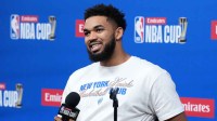 New York Knicks center/forward Karl-Anthony Towns (32) at press conference prior to the Emirates NBA Cup championship at the T-Mobile Arena.