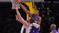 Los Angeles Lakers forward Rui Hachimura (28) blocks a shot by San Antonio Spurs center Luke Kornet (7) during the second half at Crypto.com Arena.