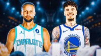 NBA player Stephen Curry in a Charlotte Hornets jersey and NBA player LaMelo Ball in a Golden State Warriors jersey, trade