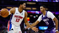 Detroit Pistons forward Tobias Harris (12) controls the ball against Sacramento Kings forward Keegan Murray (13) during the second quarter at Golden 1 Center.