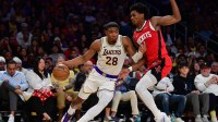 Los Angeles Lakers forward Rui Hachimura (28) moves to the basket against Houston Rockets guard Amen Thompson (1) during the first half at Crypto.com Arena.