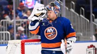 New York Islanders goaltender Ilya Sorokin (30) during the first period against the Vancouver Canucks at UBS Arena.