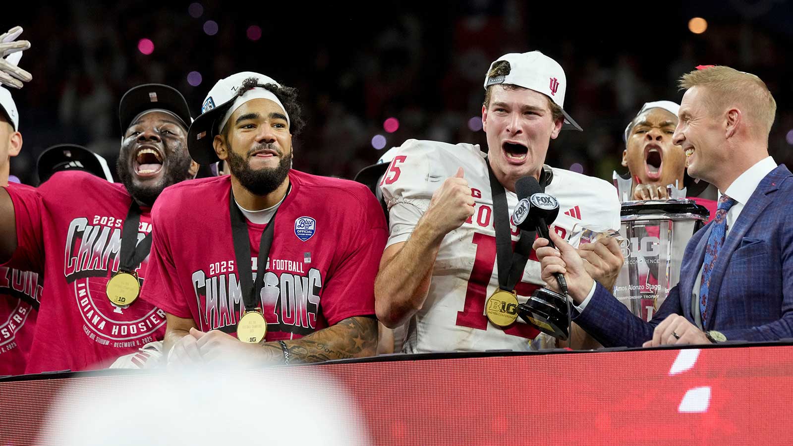 Indiana Hoosiers quarterback Fernando Mendoza (15) celebrates Sunday, Dec. 7, 2025, after winning the Big Ten football championship against the Ohio State Buckeyes at Lucas Oil Stadium in Indianapolis.