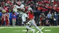 Indiana Hoosiers wide receiver Omar Cooper Jr. (3) cannot make a catch against Ohio State Buckeyes cornerback Lorenzo Styles Jr. (3) in the first quarter during the 2025 Big Ten championship game at Lucas Oil Stadium.