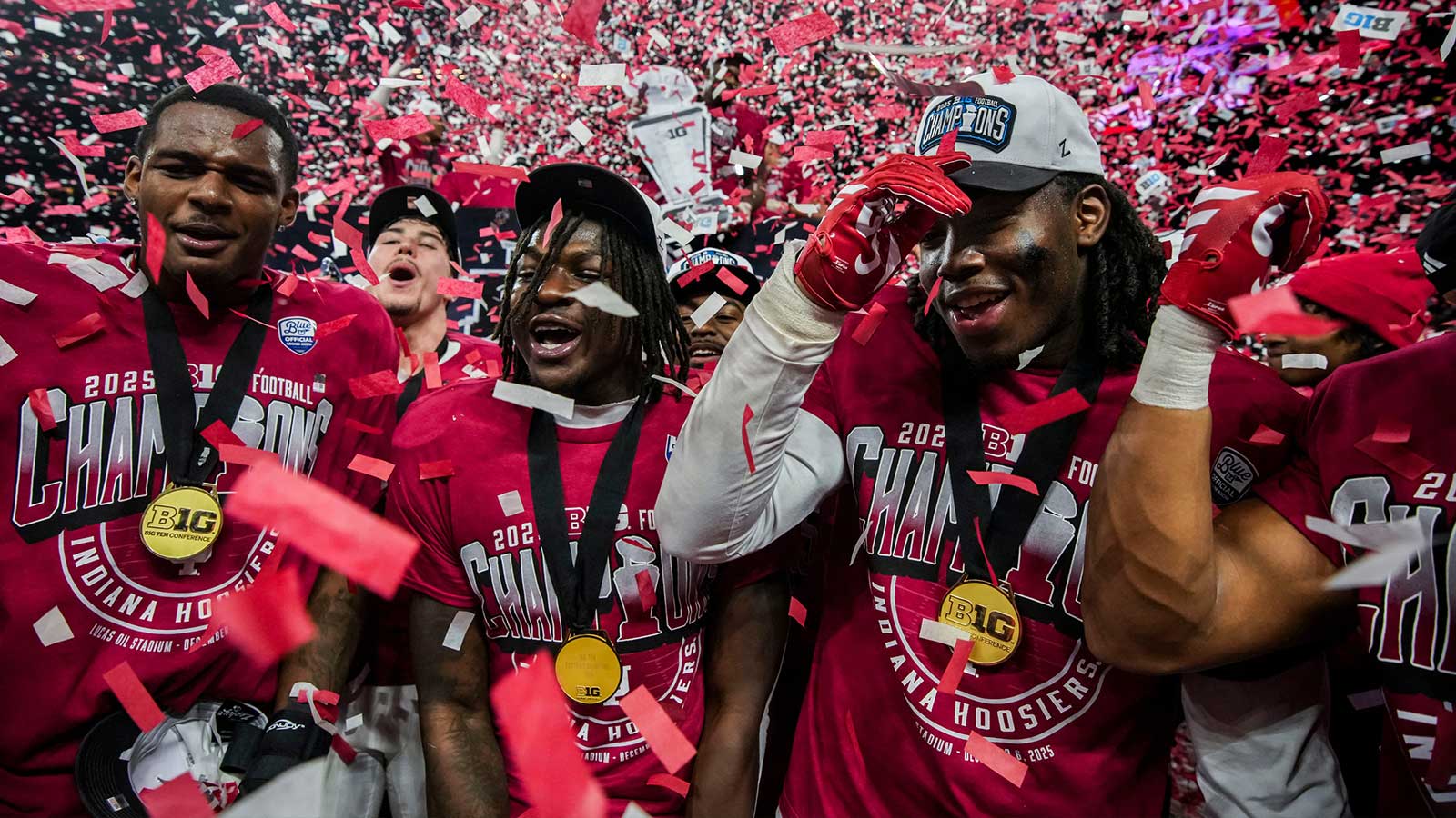 The Indiana Hoosiers celebrate Sunday, Dec. 7, 2025, after winning the Big Ten football championship against the Ohio State Buckeyes at Lucas Oil Stadium in Indianapolis. The Hoosiers won 13-0.
