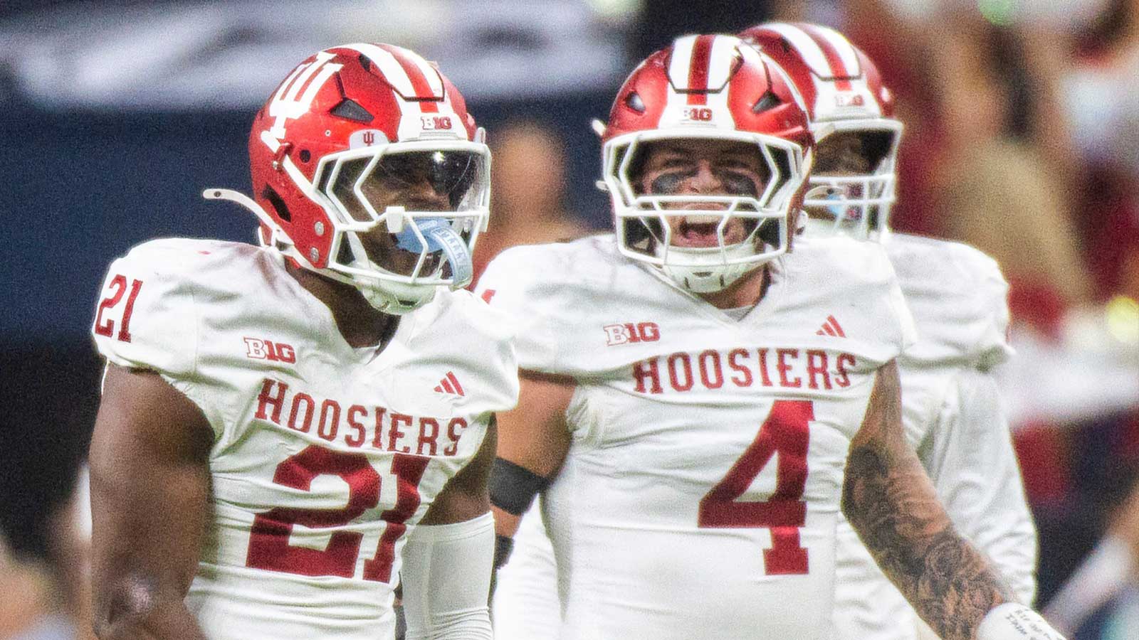 Indiana's Rolijah Hardy (21) celebrates his sack of Ohio State's Julian Sayin (10) during the Indiana versus Ohio State Big Ten Championship football game at Lucas Oil Stadium on Saturday, Dec. 6, 2025.
