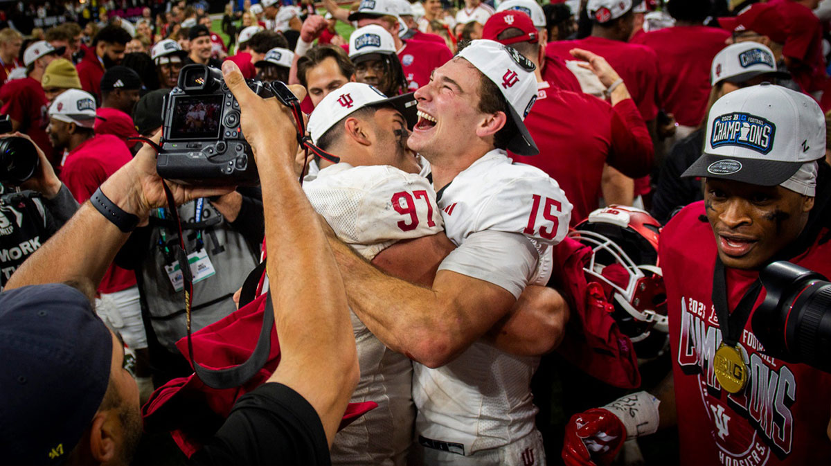 Indiana's Fernando Mendoza (15) and Mario Landino (97) celebrate after the Indiana versus Ohio State Big Ten Championship football game at Lucas Oil Stadium on Saturday, Dec. 6, 2025.
