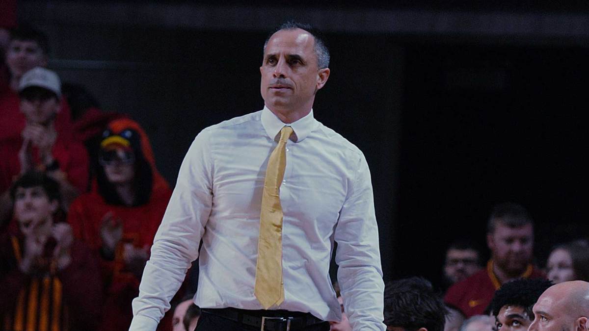 Iowa Hawkeyes men's basketball head coach Ben McCollum watches the game from the side lineduring the second half in the men’s basketball Cy-Hawk series on Dec. 11, 2025, in Ames, Iowa.