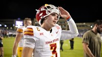 Iowa State Cyclones quarterback Rocco Becht (3) walks off the field after the Cyclones defeat the TCU Horned Frogs at Amon G. Carter Stadium.