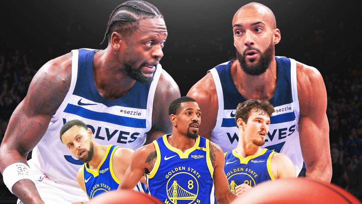 Steph Curry, De'Anthony Melton and Quinten Post looking up to see huge Julius Randle and Rudy Gobert towering over them like giants.