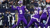 Minnesota Vikings quarterback J.J. McCarthy (9) throws during the first quarter against the Dallas Cowboys at AT&T Stadium.