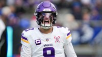 Minnesota Vikings quarterback J.J. McCarthy (9) reacts during a game against the New York Giants at MetLife Stadium, Dec 21, 2025, East Rutherford, NJ, USA