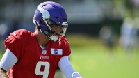 Minnesota Vikings quarterback J.J. McCarthy (9) warms up during practice at Vikings training camp in Eagan, MN.
