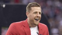 Former Houston Texans JJ Watt speaks to the fans during his Ring Of Honor Ceremony at halftime during the game between the Texans and Pittsburgh Steelers at NRG Stadium.