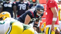Texans defensive end J. J. Watt (99) lines up for a scrimmage during a joint training camp practice with the Green Bay Packers at Ray Nitchske Field Monday, August 5, 2019, in Ashwaubenon, Wis.