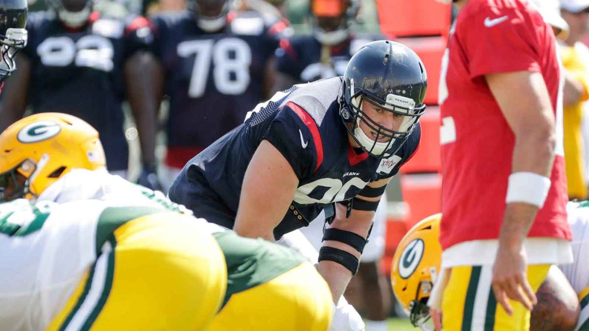 Texans defensive end J. J. Watt (99) lines up for a scrimmage during a joint training camp practice with the Green Bay Packers at Ray Nitchske Field Monday, August 5, 2019, in Ashwaubenon, Wis.