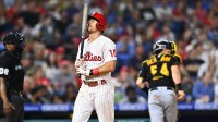 Philadelphia Phillies catcher JT Realmuto (10) reacts after striking out against the Pittsburgh Pirates in the sixth inning at Citizens Bank Park