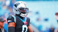 Carolina Panthers tight end Ja'Tavion Sanders (0) looks on before the game against the Los Angeles Rams at Bank of America Stadium.