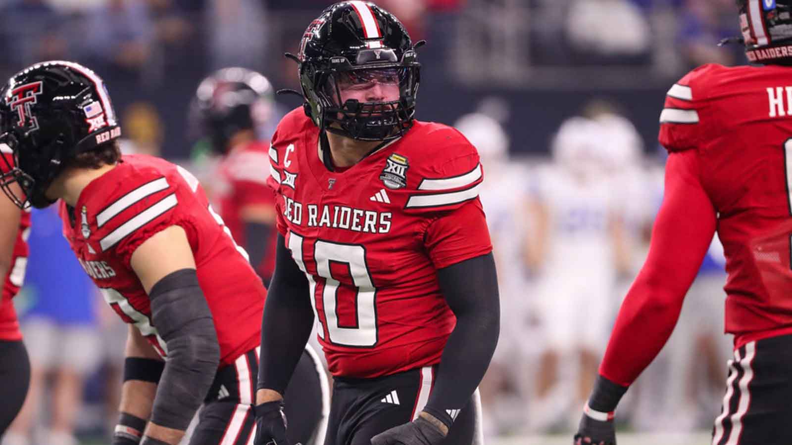 Texas Tech's Jacob Rodriguez looks to the sideline during the Big 12 Conference championship football game, Saturday, Nov. 6, 2025, at AT&T Stadium in Arlington.
