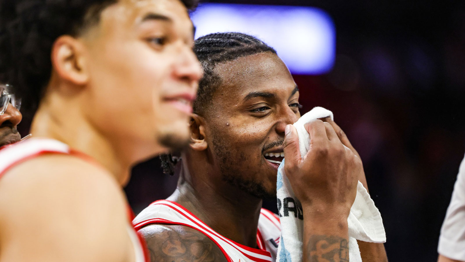 Arizona Wildcats guard Jaden Bradley (0) smiles after they secure a win at the end of the game against the Auburn Tigers at McKale Memorial Center.