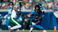Jacksonville Jaguars wide receiver Jakobi Meyers (3) rushes for yards against New York Jets cornerback Qwan'Tez Stiggers (37).