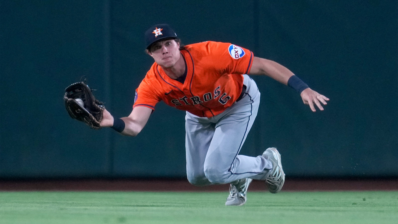Houston Astros center fielder Jake Myers (6) makes a catch against the Athletics in the first inning at Sutter Health Park.