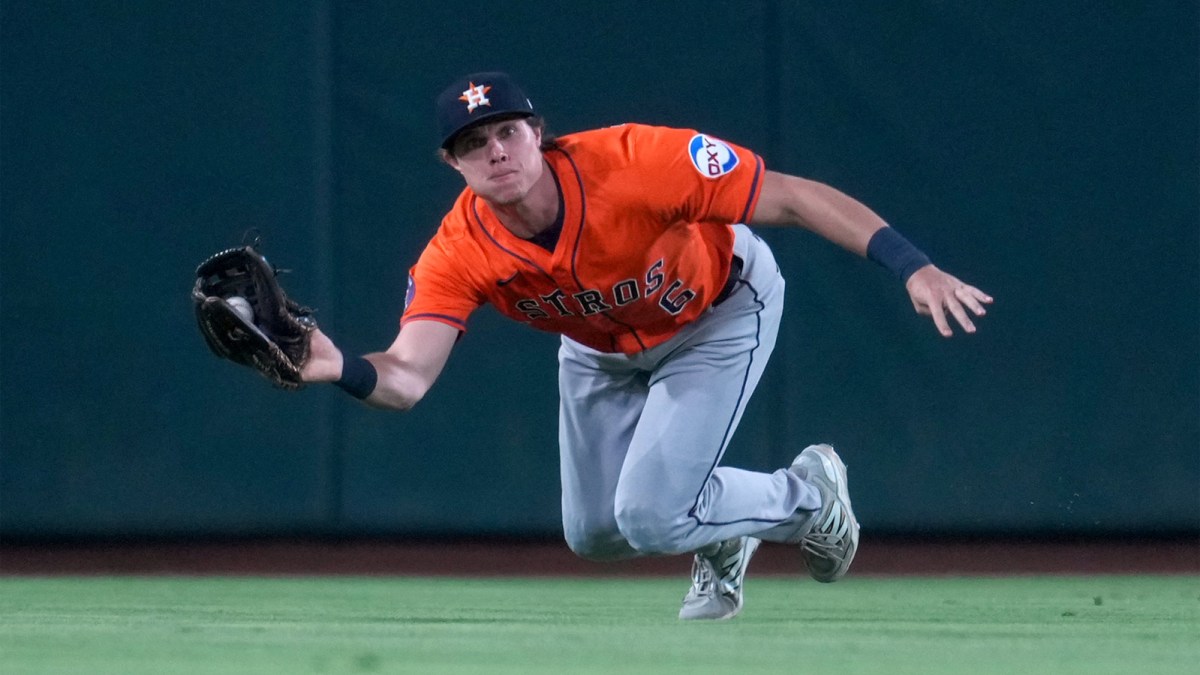Houston Astros center fielder Jake Myers (6) makes a catch against the Athletics in the first inning at Sutter Health Park.