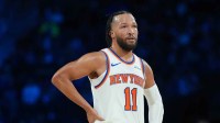 New York Knicks guard Jalen Brunson (11) stands on the court against the Orlando Magic during the third quarter at T-Mobile Arena. Mandatory Credit: Kirby Lee-Imagn Images