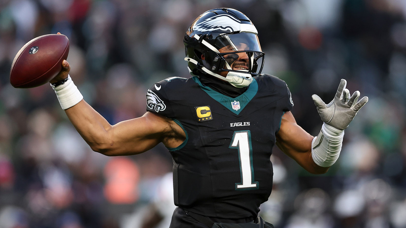 Philadelphia Eagles quarterback Jalen Hurts (1) passes the ball against the Chicago Bears during the first quarter of the game at Lincoln Financial Field. Mandatory Credit: Bill Streicher-Imagn Images