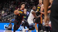 Atlanta Hawks forward Jalen Johnson (1) drives to the basket against the Minnesota Timberwolves during the first half at State Farm Arena.