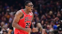 Chicago Bulls forward Jalen Smith (25) celebrates after hitting a three point basket against the Cleveland Cavaliers during the first half at Rocket Arena.
