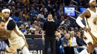 New Orleans Pelicans interim head coach James Borrego watches the game against the Golden State Warriors during the fourth quarter at Chase Center.