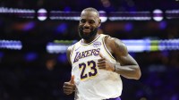 Los Angeles Lakers forward Lebron James (23) reacts after a play against the Philadelphia 76ers during the second quarter at Xfinity Mobile Arena.