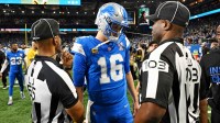 Detroit Lions quarterback Jared Goff (16) speaks with officials after the game at Ford Field. Mandatory Credit: Lon Horwedel-Imagn Images