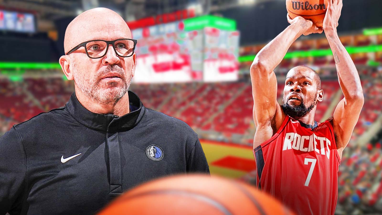 Mavericks Jason Kidd on left, Rockets Kevin Durant shooting a basketball on right.