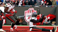 Tampa Bay Buccaneers outside linebacker Jason Pierre-Paul (90) celebrates after a fumble recovery during the second half against the Los Angeles Rams in a NFC Divisional playoff football game at Raymond James Stadium.